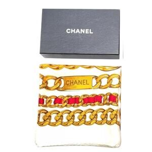 CHANEL Coco Mark Ivory x Multicolor Chain Pattern Square Silk Scarf /W Box